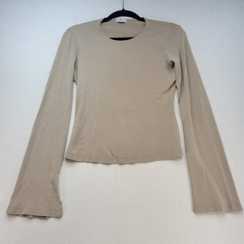 James Perse Top Womens 2 Tan Beige Ribbed Split Cuff Bell Sleeve Long Sleeve
